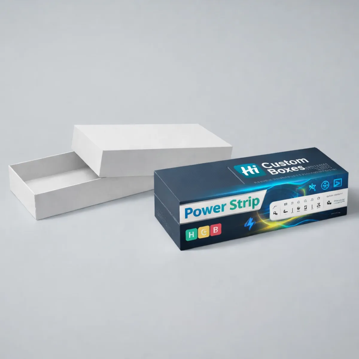 A two-piece white telescope box shown open alongside a premium dark blue branded power strip box. class=